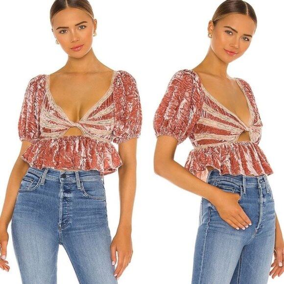 Free People Yours Truly Cropped Velvet Lace Trim Low Cut Top Size Medium - Picture 1 of 13